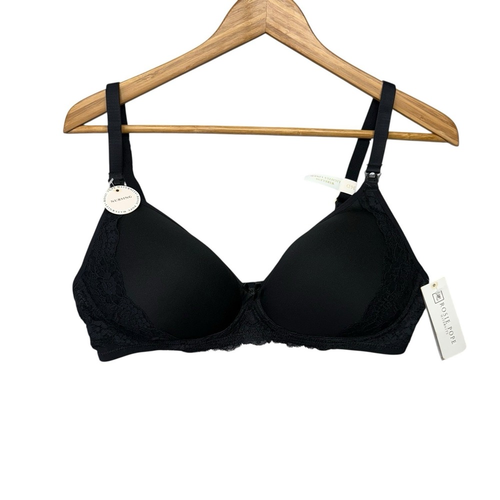 Rosie Pope Bra 36D Black Nursing Bra Lace Maternity Wireless Lightly Lined NWT